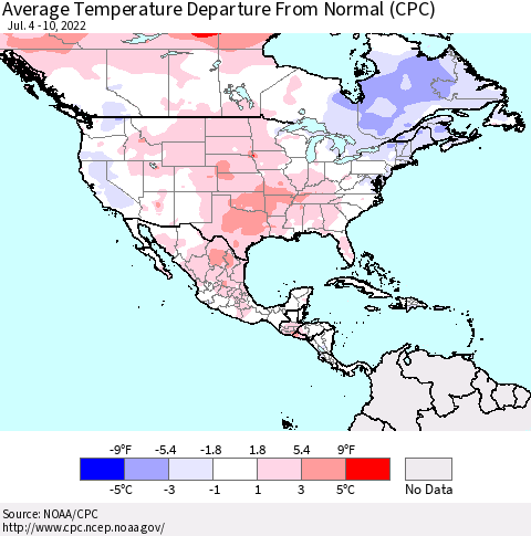 North America Average Temperature Departure from Normal (CPC) Thematic Map For 7/4/2022 - 7/10/2022