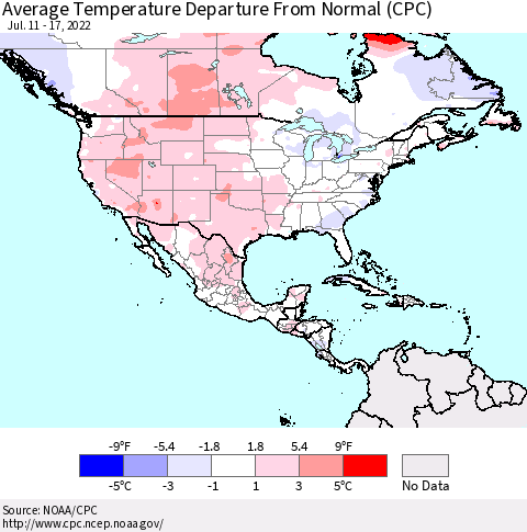 North America Average Temperature Departure from Normal (CPC) Thematic Map For 7/11/2022 - 7/17/2022