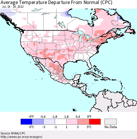 North America Average Temperature Departure from Normal (CPC) Thematic Map For 7/18/2022 - 7/24/2022