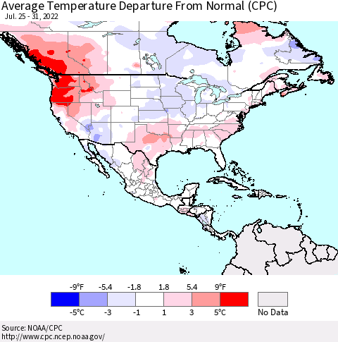 North America Average Temperature Departure from Normal (CPC) Thematic Map For 7/25/2022 - 7/31/2022