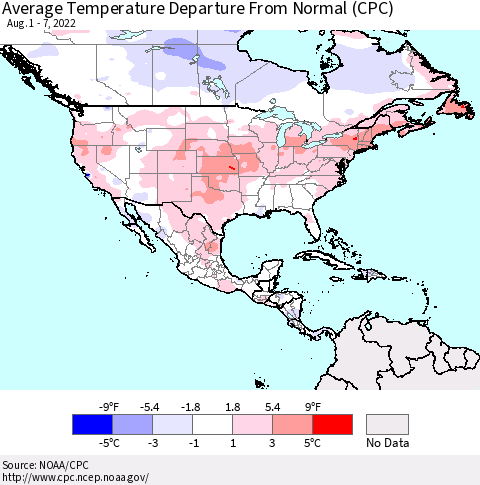 North America Average Temperature Departure from Normal (CPC) Thematic Map For 8/1/2022 - 8/7/2022