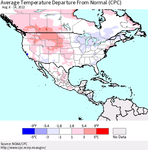 North America Average Temperature Departure from Normal (CPC) Thematic Map For 8/8/2022 - 8/14/2022