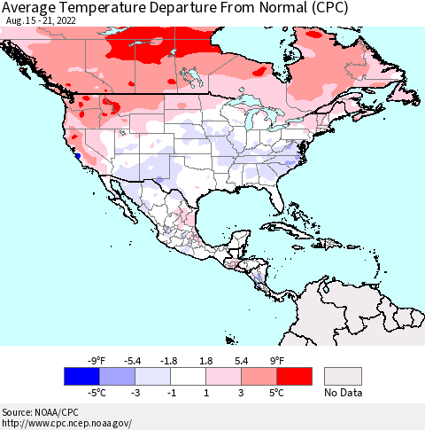 North America Average Temperature Departure from Normal (CPC) Thematic Map For 8/15/2022 - 8/21/2022