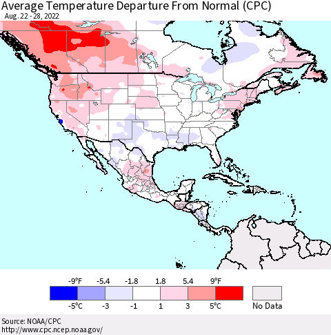 North America Average Temperature Departure from Normal (CPC) Thematic Map For 8/22/2022 - 8/28/2022