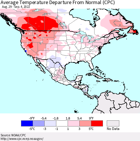 North America Average Temperature Departure from Normal (CPC) Thematic Map For 8/29/2022 - 9/4/2022