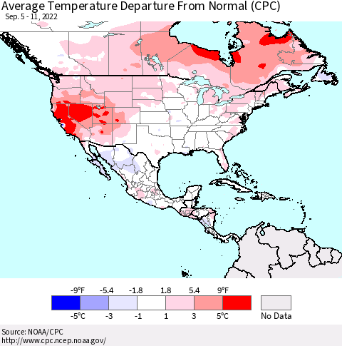 North America Average Temperature Departure from Normal (CPC) Thematic Map For 9/5/2022 - 9/11/2022