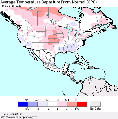 North America Average Temperature Departure from Normal (CPC) Thematic Map For 9/12/2022 - 9/18/2022