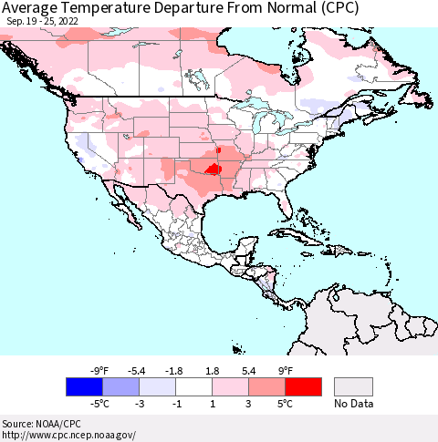 North America Average Temperature Departure from Normal (CPC) Thematic Map For 9/19/2022 - 9/25/2022
