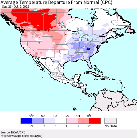North America Average Temperature Departure from Normal (CPC) Thematic Map For 9/26/2022 - 10/2/2022