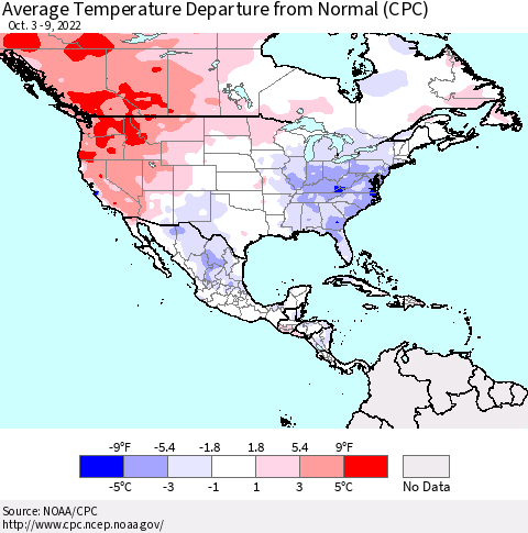 North America Average Temperature Departure from Normal (CPC) Thematic Map For 10/3/2022 - 10/9/2022