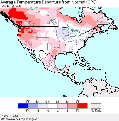 North America Average Temperature Departure from Normal (CPC) Thematic Map For 10/10/2022 - 10/16/2022