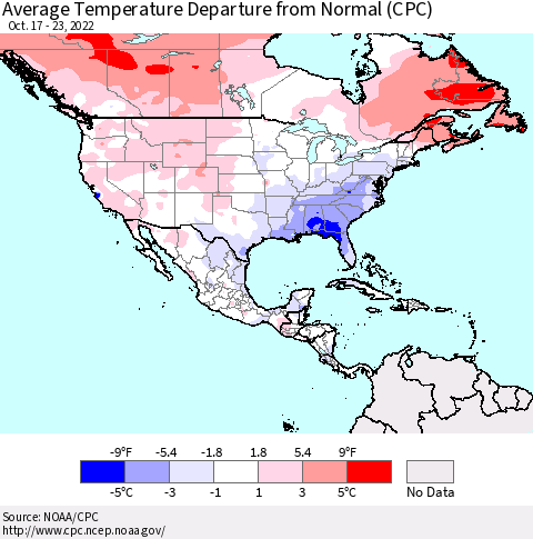 North America Average Temperature Departure from Normal (CPC) Thematic Map For 10/17/2022 - 10/23/2022