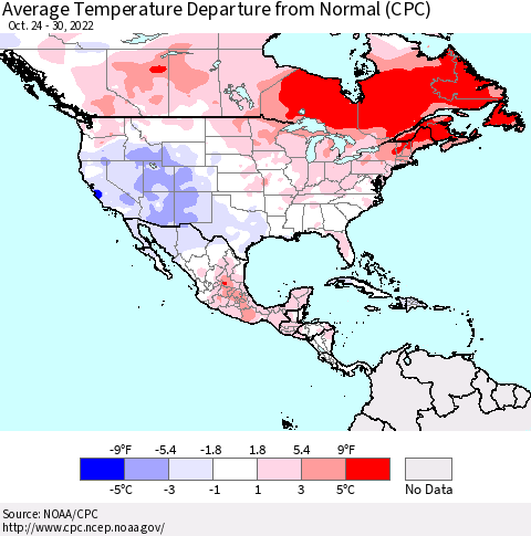 North America Average Temperature Departure from Normal (CPC) Thematic Map For 10/24/2022 - 10/30/2022