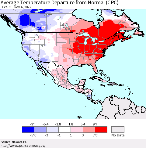 North America Average Temperature Departure from Normal (CPC) Thematic Map For 10/31/2022 - 11/6/2022