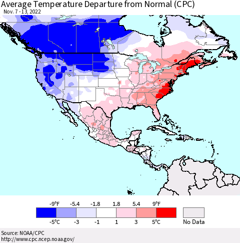 North America Average Temperature Departure from Normal (CPC) Thematic Map For 11/7/2022 - 11/13/2022