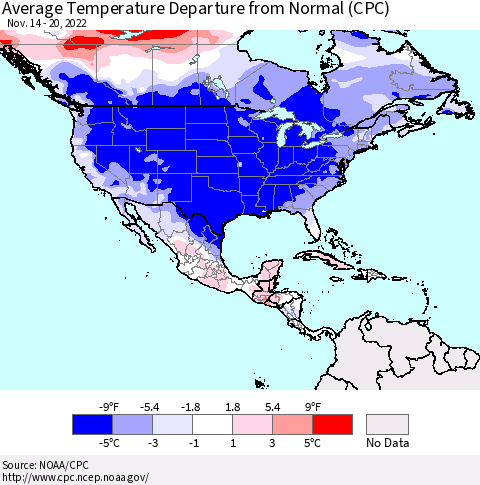 North America Average Temperature Departure from Normal (CPC) Thematic Map For 11/14/2022 - 11/20/2022