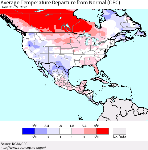 North America Average Temperature Departure from Normal (CPC) Thematic Map For 11/21/2022 - 11/27/2022