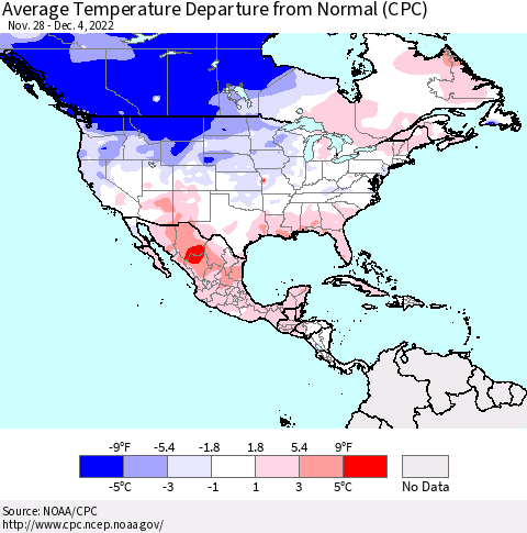 North America Average Temperature Departure from Normal (CPC) Thematic Map For 11/28/2022 - 12/4/2022