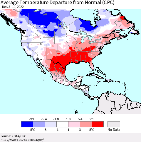 North America Average Temperature Departure from Normal (CPC) Thematic Map For 12/5/2022 - 12/11/2022