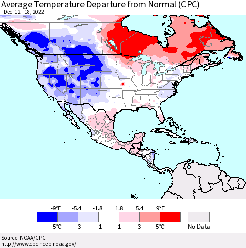 North America Average Temperature Departure from Normal (CPC) Thematic Map For 12/12/2022 - 12/18/2022