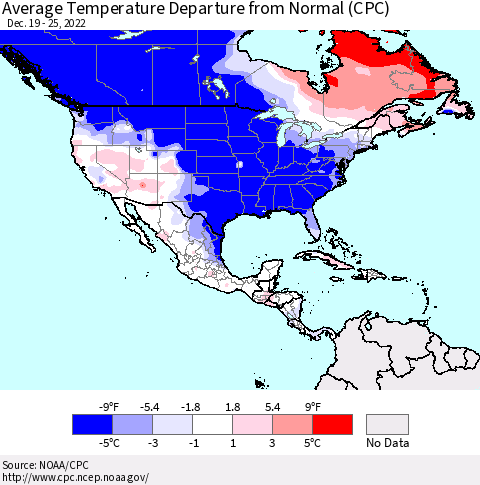 North America Average Temperature Departure from Normal (CPC) Thematic Map For 12/19/2022 - 12/25/2022