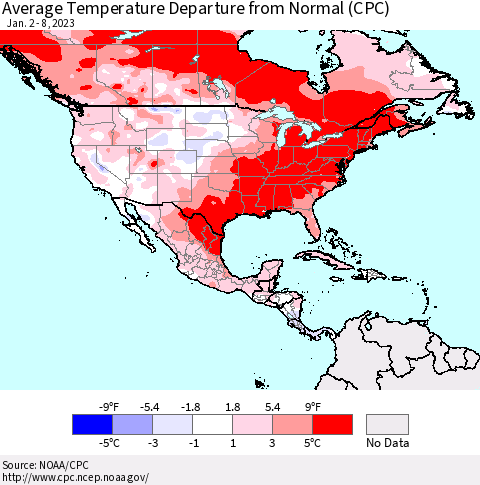 North America Average Temperature Departure from Normal (CPC) Thematic Map For 1/2/2023 - 1/8/2023