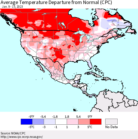 North America Average Temperature Departure from Normal (CPC) Thematic Map For 1/9/2023 - 1/15/2023