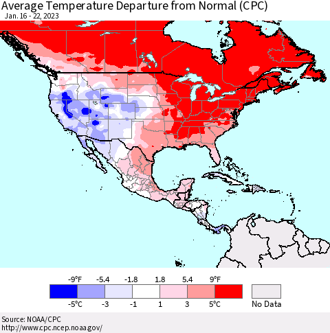 North America Average Temperature Departure from Normal (CPC) Thematic Map For 1/16/2023 - 1/22/2023