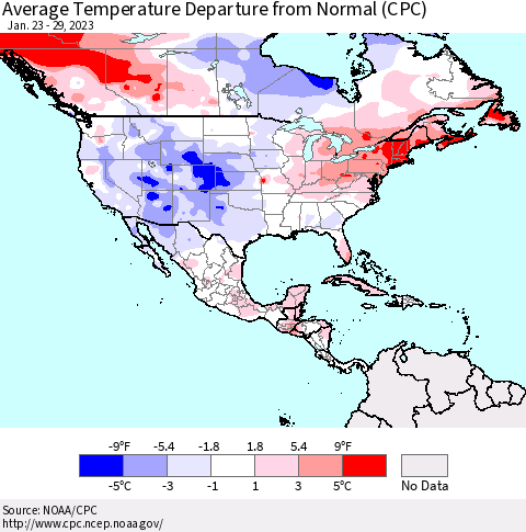 North America Average Temperature Departure from Normal (CPC) Thematic Map For 1/23/2023 - 1/29/2023