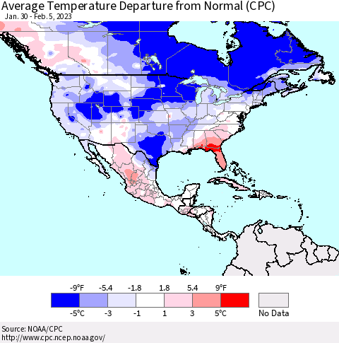 North America Average Temperature Departure from Normal (CPC) Thematic Map For 1/30/2023 - 2/5/2023