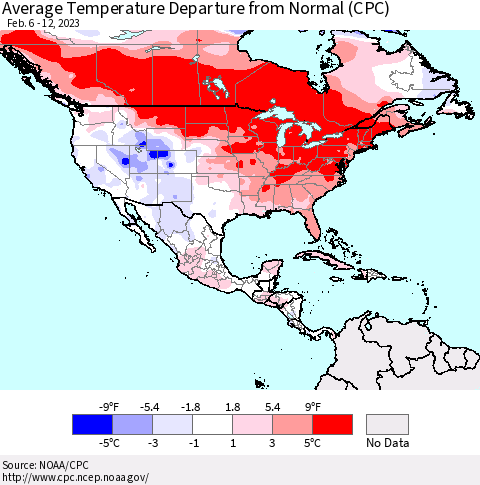 North America Average Temperature Departure from Normal (CPC) Thematic Map For 2/6/2023 - 2/12/2023