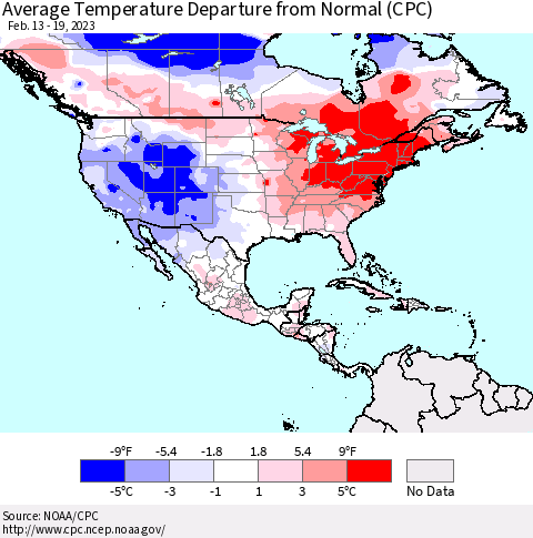 North America Average Temperature Departure from Normal (CPC) Thematic Map For 2/13/2023 - 2/19/2023