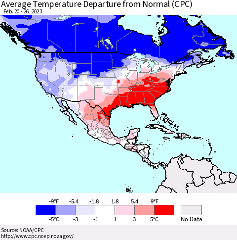 North America Average Temperature Departure from Normal (CPC) Thematic Map For 2/20/2023 - 2/26/2023