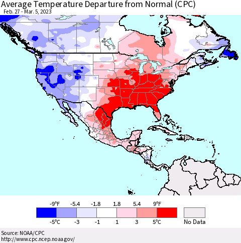 North America Average Temperature Departure from Normal (CPC) Thematic Map For 2/27/2023 - 3/5/2023
