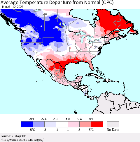 North America Average Temperature Departure from Normal (CPC) Thematic Map For 3/6/2023 - 3/12/2023