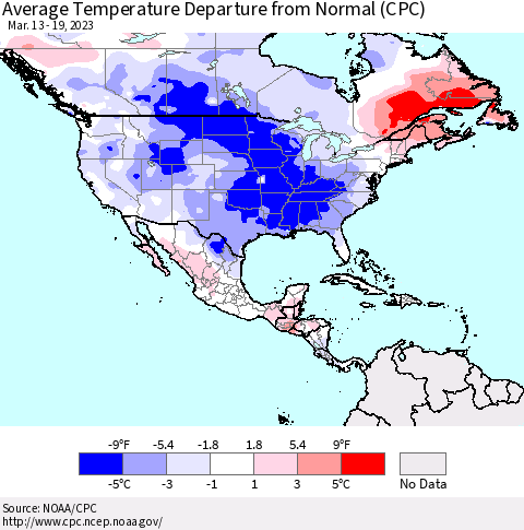 North America Average Temperature Departure from Normal (CPC) Thematic Map For 3/13/2023 - 3/19/2023
