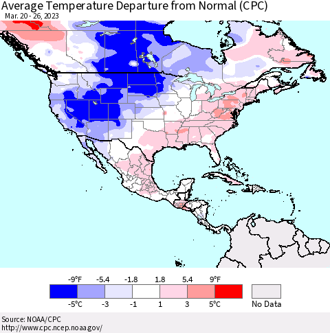 North America Average Temperature Departure from Normal (CPC) Thematic Map For 3/20/2023 - 3/26/2023