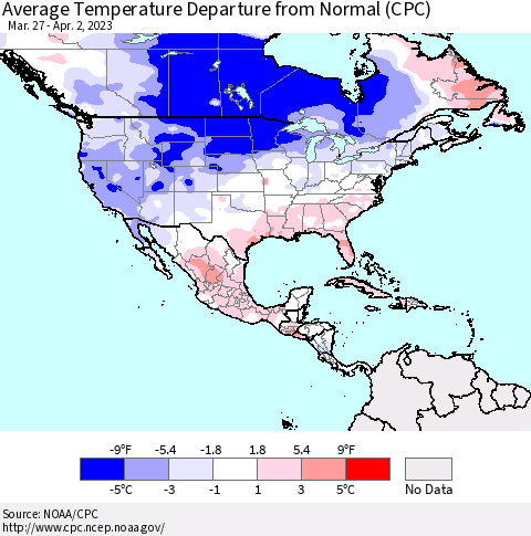 North America Average Temperature Departure from Normal (CPC) Thematic Map For 3/27/2023 - 4/2/2023