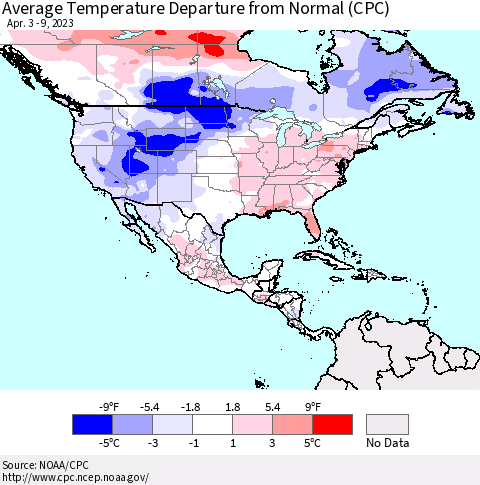 North America Average Temperature Departure from Normal (CPC) Thematic Map For 4/3/2023 - 4/9/2023