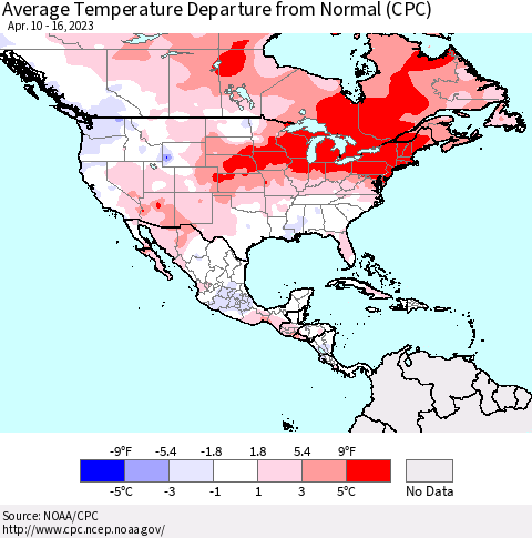 North America Average Temperature Departure from Normal (CPC) Thematic Map For 4/10/2023 - 4/16/2023