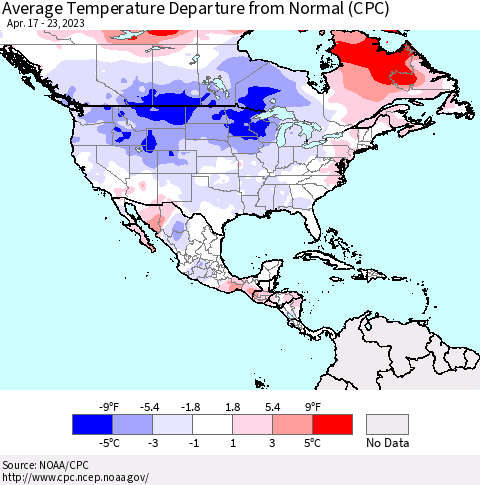 North America Average Temperature Departure from Normal (CPC) Thematic Map For 4/17/2023 - 4/23/2023