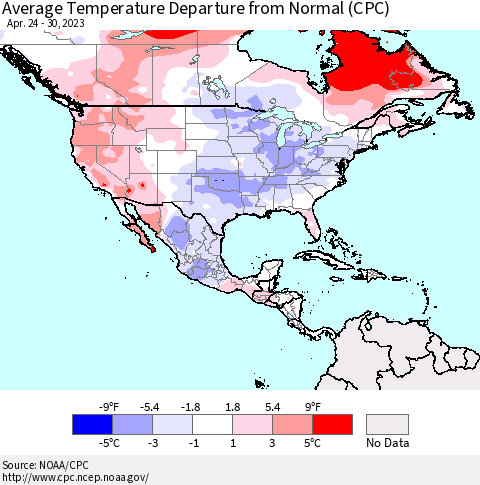 North America Average Temperature Departure from Normal (CPC) Thematic Map For 4/24/2023 - 4/30/2023