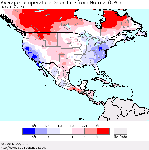 North America Average Temperature Departure from Normal (CPC) Thematic Map For 5/1/2023 - 5/7/2023