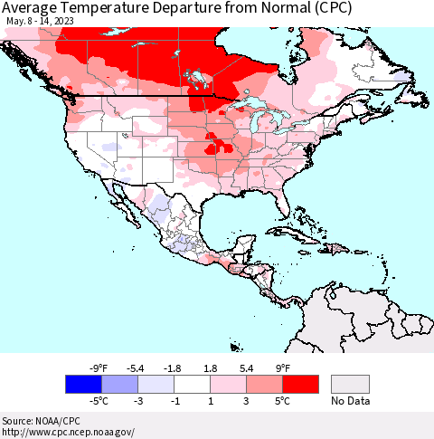 North America Average Temperature Departure from Normal (CPC) Thematic Map For 5/8/2023 - 5/14/2023