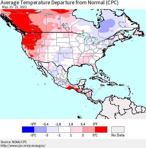 North America Average Temperature Departure from Normal (CPC) Thematic Map For 5/15/2023 - 5/21/2023