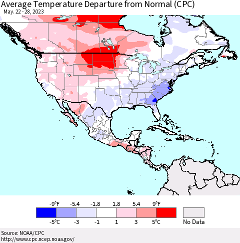 North America Average Temperature Departure from Normal (CPC) Thematic Map For 5/22/2023 - 5/28/2023