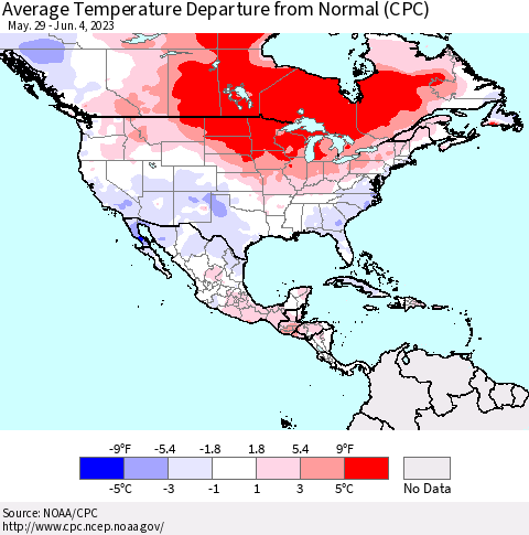 North America Average Temperature Departure from Normal (CPC) Thematic Map For 5/29/2023 - 6/4/2023