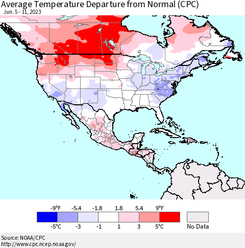 North America Average Temperature Departure from Normal (CPC) Thematic Map For 6/5/2023 - 6/11/2023