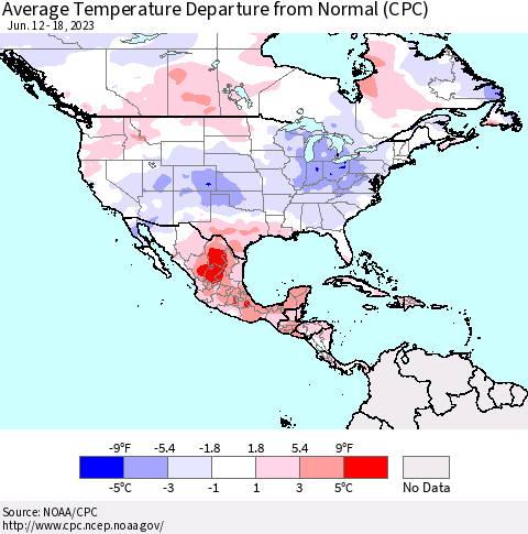 North America Average Temperature Departure from Normal (CPC) Thematic Map For 6/12/2023 - 6/18/2023