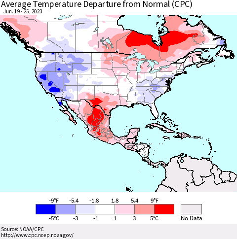 North America Average Temperature Departure from Normal (CPC) Thematic Map For 6/19/2023 - 6/25/2023
